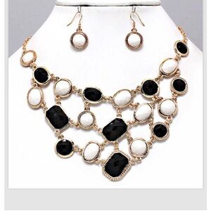 Black Cream Gold Necklace Earrings Bib Statement Womens Jewelry Set